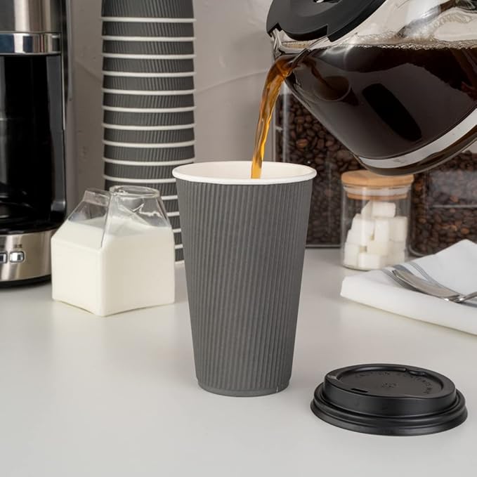 Restaurantware 16 Ounce Ripple Wall Disposable Coffee Cups, 500 Insulated Gray Paper Tumblers with Rolled Rim Design, Lids Sold Separately for Hot Drinks like Tea, Hot Chocolate and More