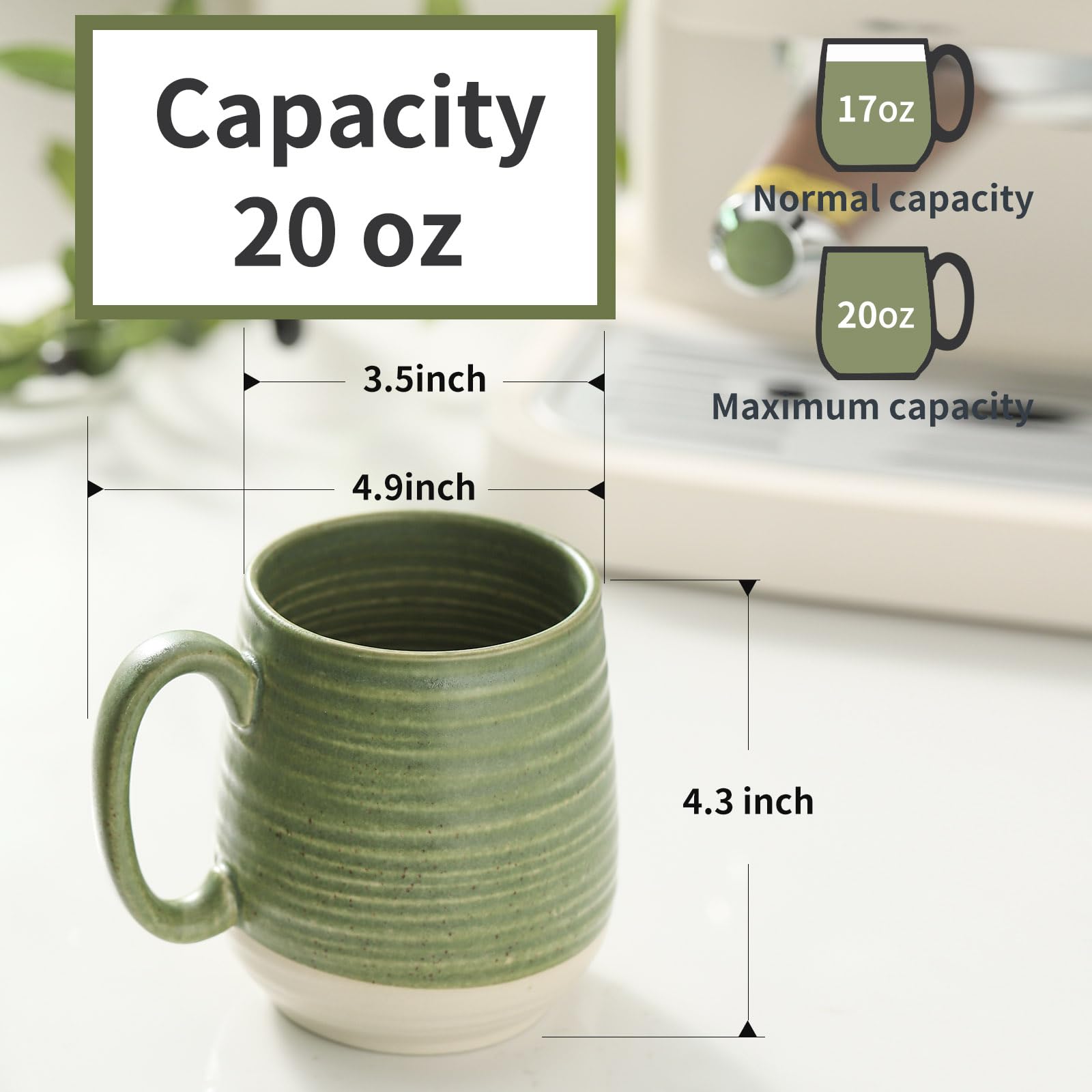 HASENSE 20 oz Coffee Mug, Large Green and Beige Stoneware Cup, Oversized Ceramic Tea Mug with Ergonomic Handle, Microwave and Dishwasher Safe, Perfect for Coffee, Tea, Soup, Hot Cocoa