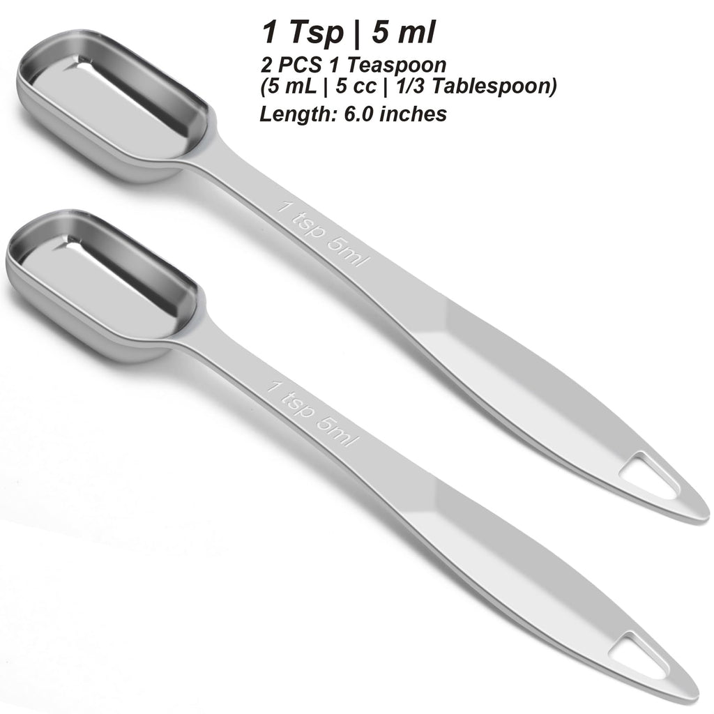 2 Pcs 1 Teaspoon(5 mL | 1 Tsp | 1/3 Tbsp | 5 cc | 1/6 oz) Stainless Steel Single Measuring Spoon, Long Handle Metal Measuring Spoon, Kitchen Gadgets for Cooking & Baking