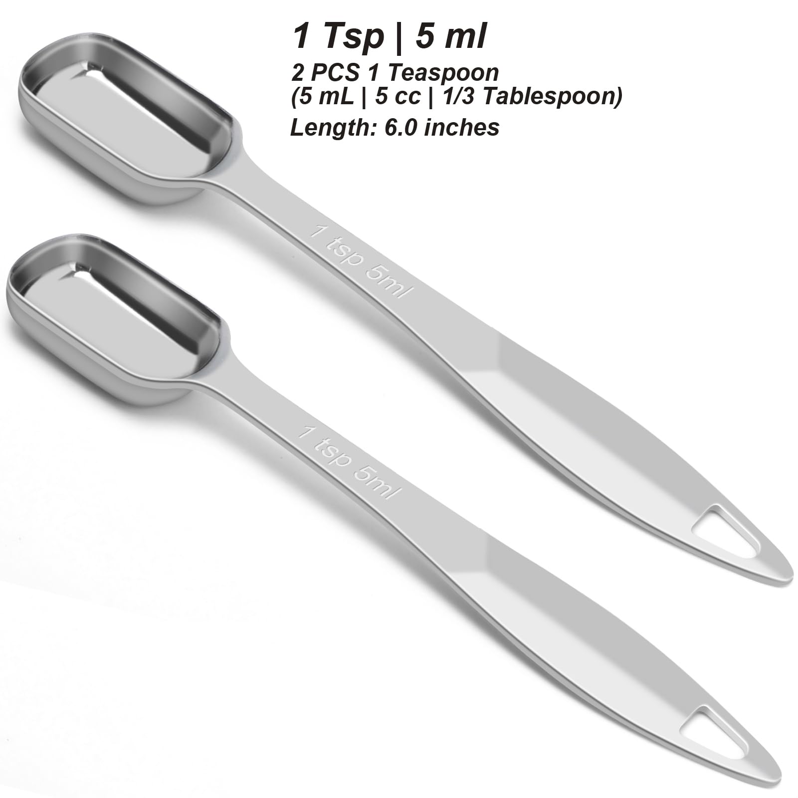 2 Pcs 1 Teaspoon(5 mL | 1 Tsp | 1/3 Tbsp | 5 cc | 1/6 oz) Stainless Steel Single Measuring Spoon, Long Handle Metal Measuring Spoon, Kitchen Gadgets for Cooking & Baking