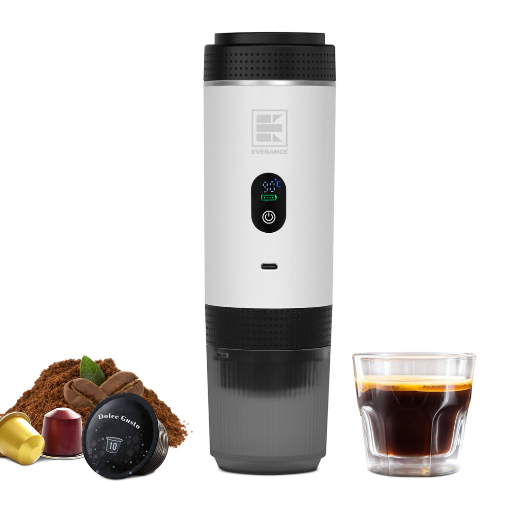 EVERANGE Portable Electric Espresso Machine, Travel Coffee Maker Brewer Compatible with Ground Coffee & NS Capsules (White with LCD Screen)