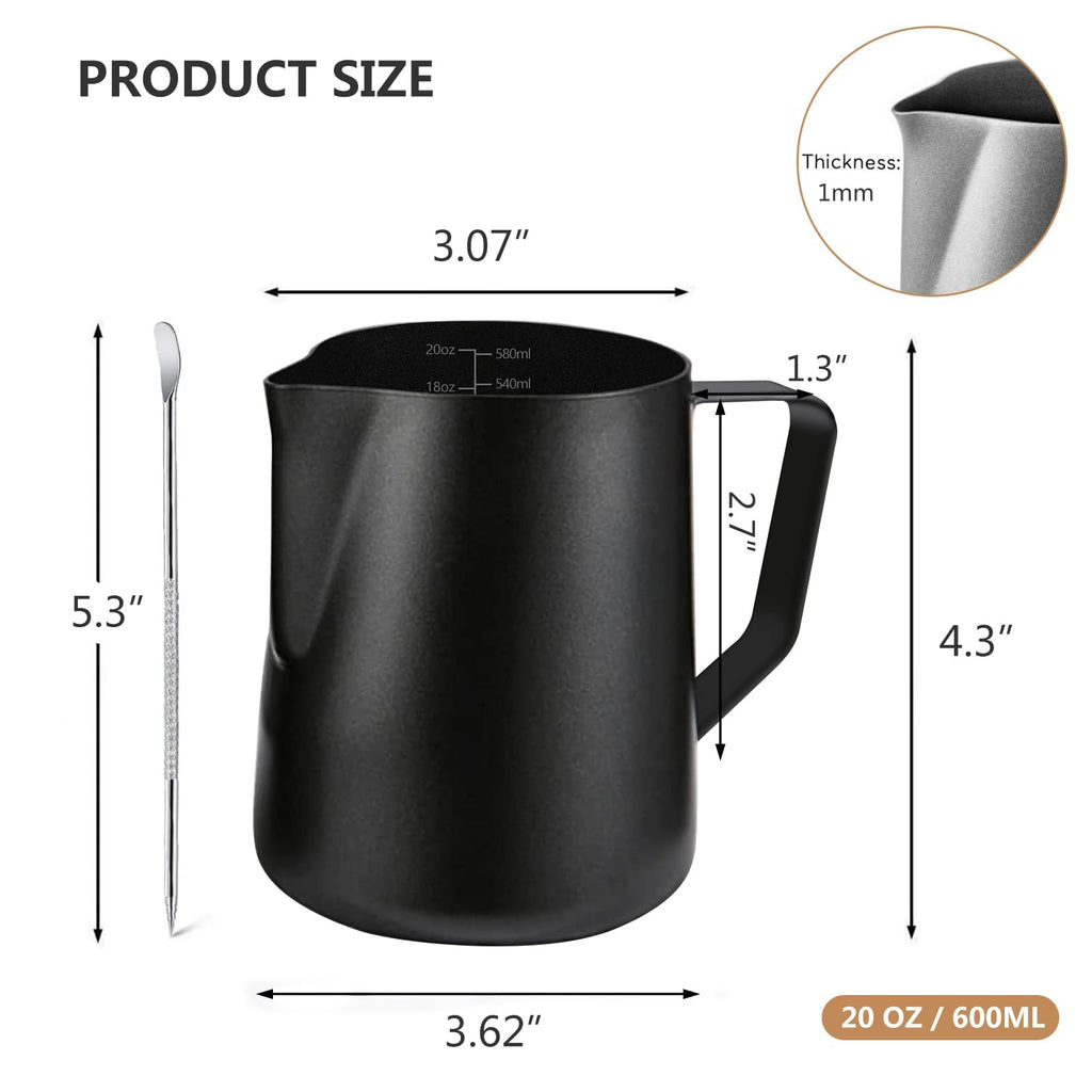 Milk Frother Pitcher 20 OZ, Espresso Milk Frothing Pitcher, Milk Steamer Cup Steaming Pitcher, Stainless Steel Coffee Froth Cup with Latte Art Pen for Coffee Cappuccino (Black)