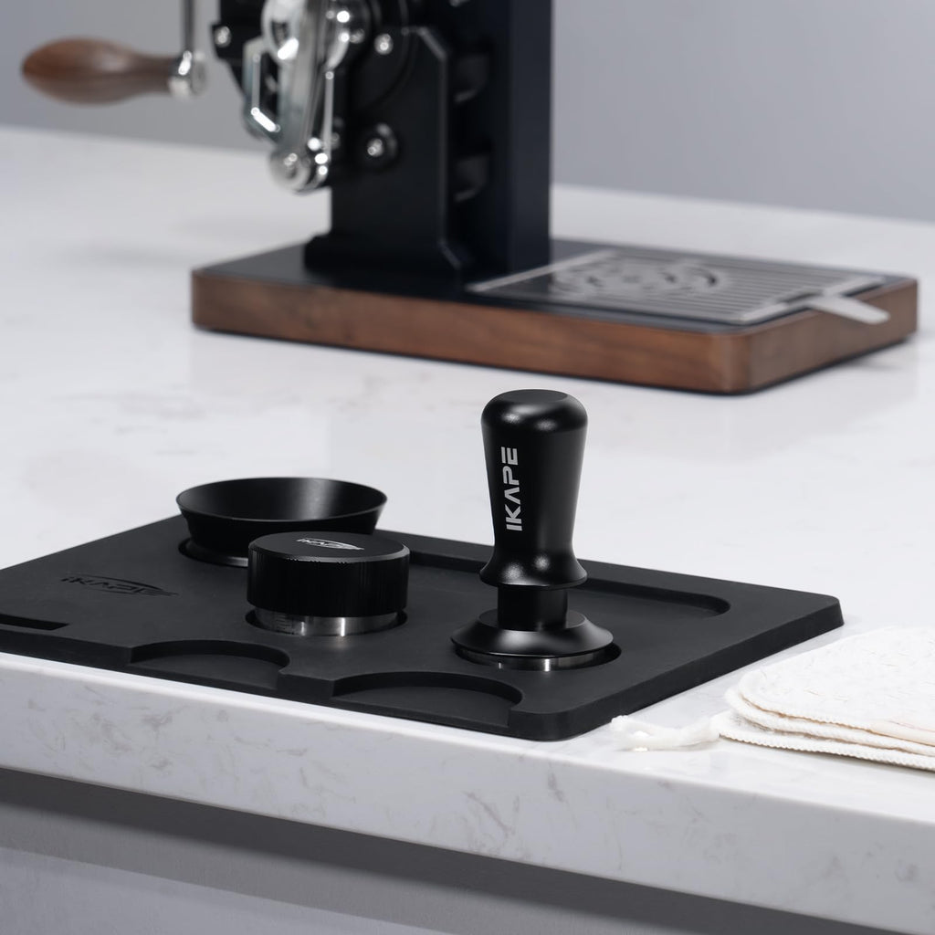 IKAPE 53MM Coffee Tamper Set Black 6 IN 1, Espresso Tamper, Distributor, Magnetic Dosing Funnel, Silicone Mat, Puck Screen, Cleaning Towel