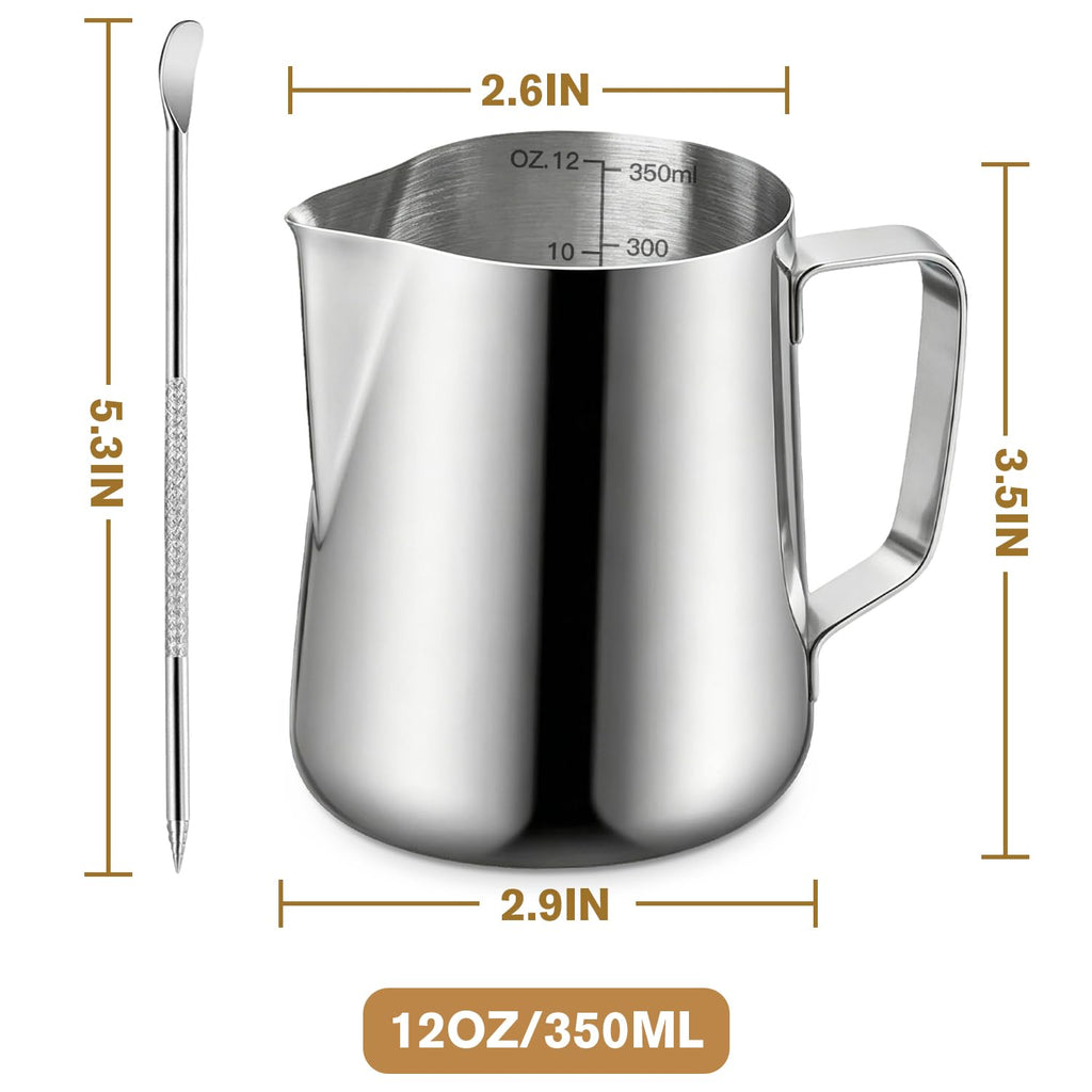 Milk Frothing Pitcher, 350ml/12oz Milk Frother Cup Stainless Steel Jug Steaming Pitcher, Milk Coffee Cappuccino Latte Art Barista Steam Pitchers Milk Jug Cup with Decorating Pen
