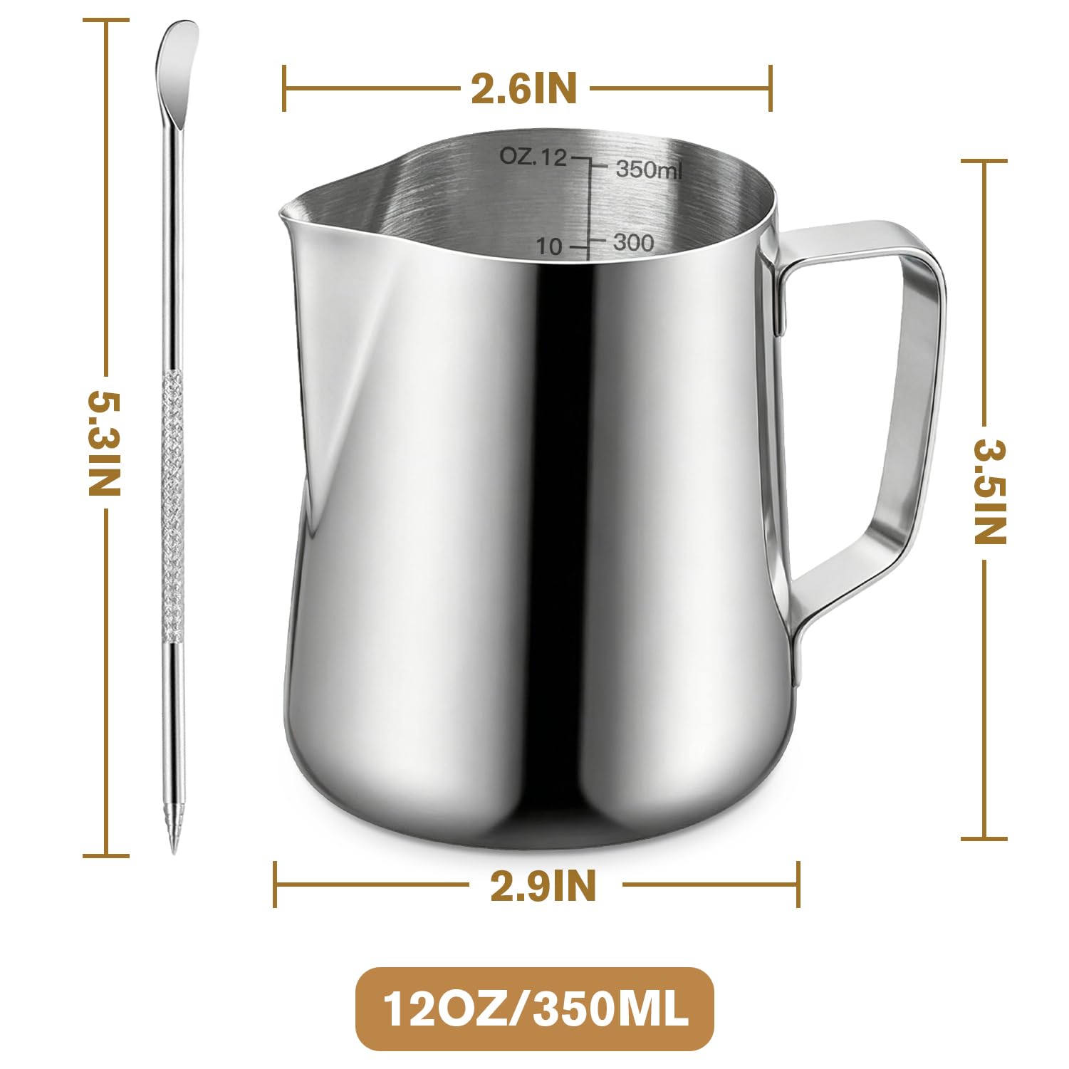 Milk Frothing Pitcher, 350ml/12oz Milk Frother Cup Stainless Steel Jug Steaming Pitcher, Milk Coffee Cappuccino Latte Art Barista Steam Pitchers Milk Jug Cup with Decorating Pen