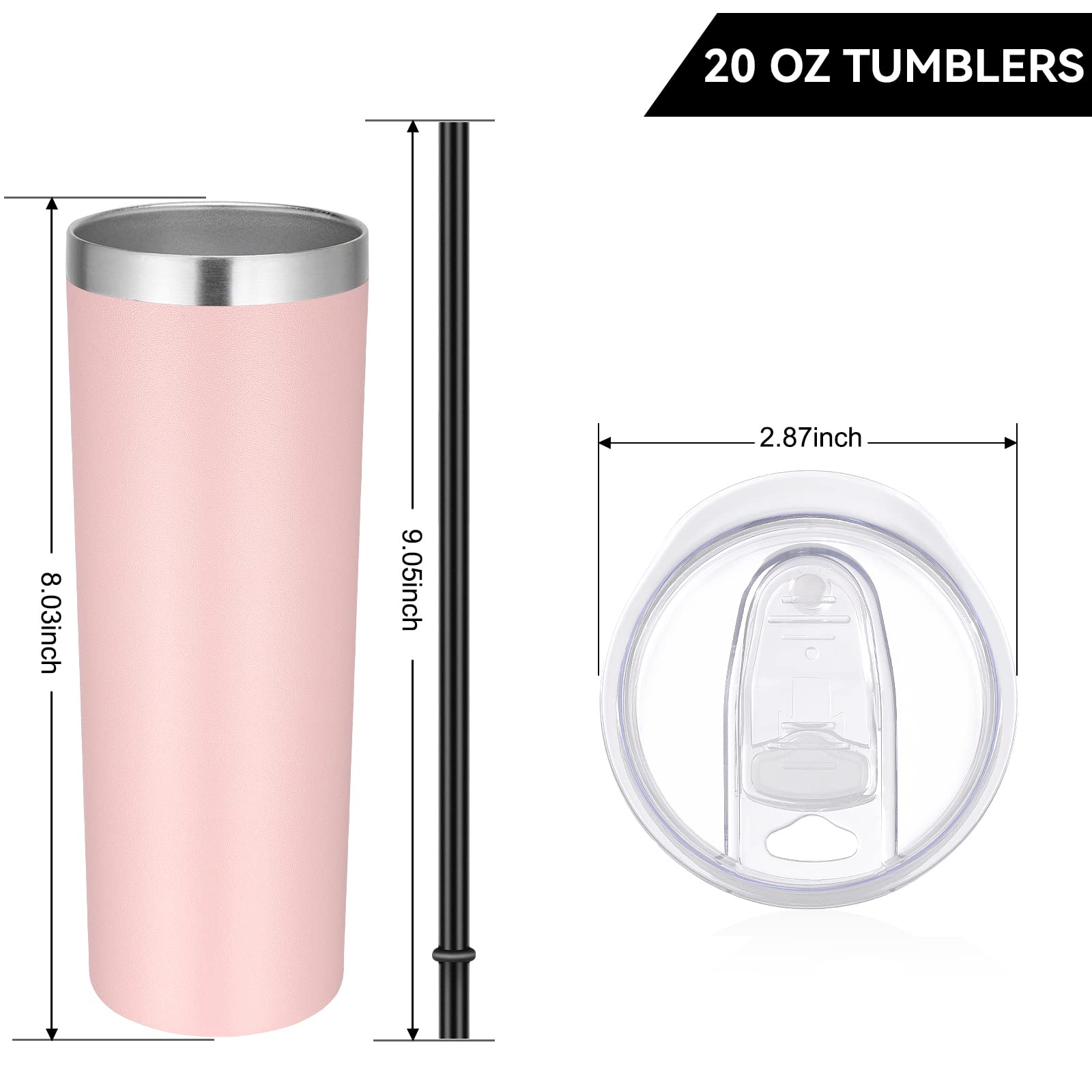 VEGOND Stainless Steel Tumblers Bulk 6 Pack, 20 oz Vacuum Insulated Skinny Tumblers with Lid and Straw, Double Wall Coffee Mug, Travel Water Cup, Light Pink