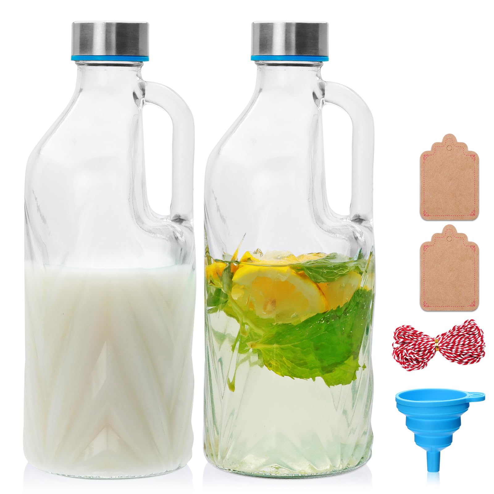 2 Pack 36oz Clear Glass Pitchers with Lids and Handles for Fridge, Iced Tea
