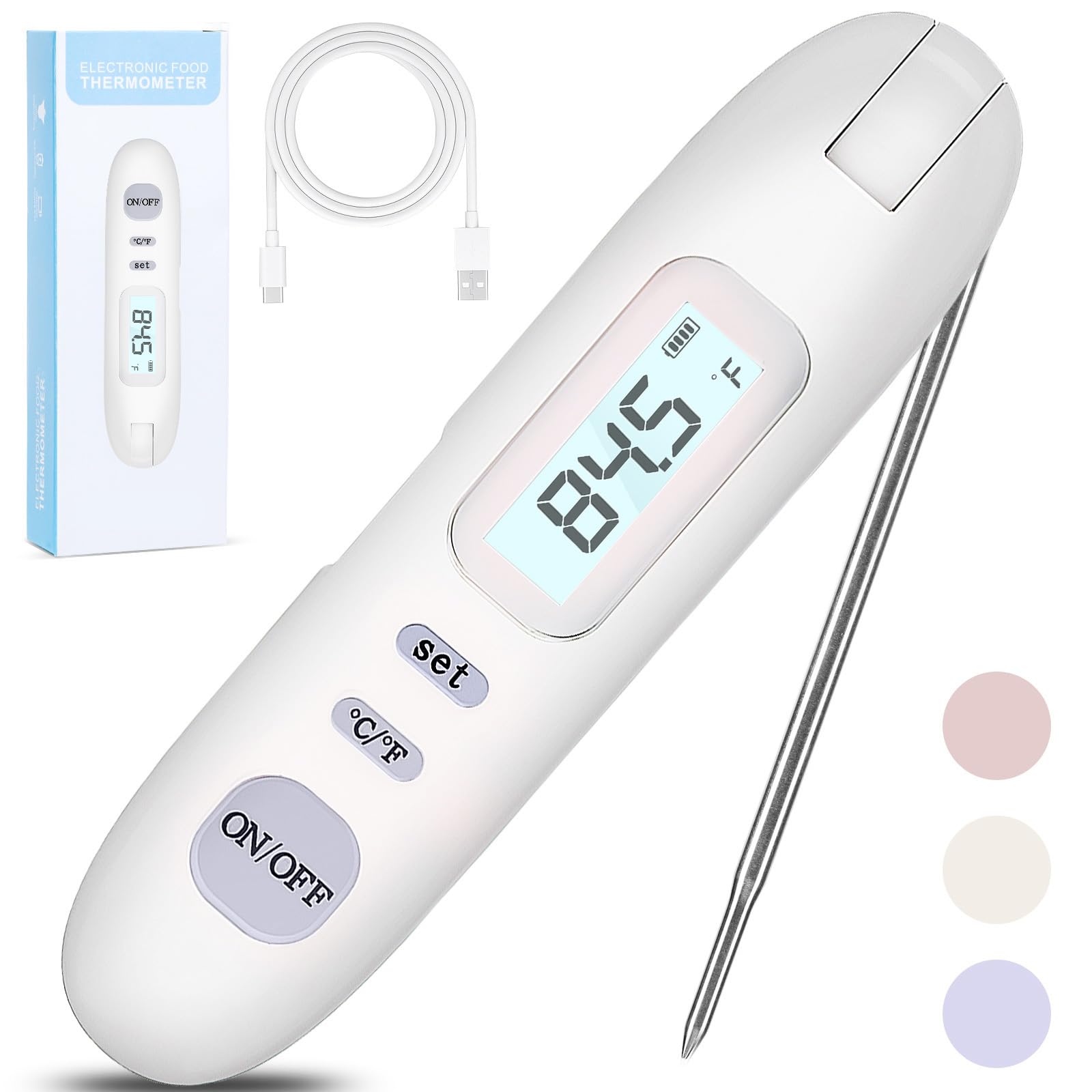 Meat Thermometer Digital,Instant Read Food Thermometer for Cooking Grilling Air Fryer Griddle Probe Kitchen Gadgets Essentials BBQ Grill Smoker Oil Fry Candy Turkey,White