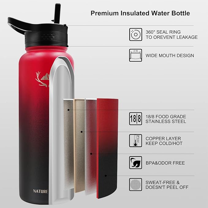 NATURE PIONEOR Insulated Water Bottles with Straw - 40oz Stainless Steel Vacuum Bottle with Holder/Carrier/Sleeve - Reusable 18/8 Food Grade 40 oz Water Jug
