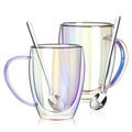 GOROGILE Double Walled Glass Coffee Mugs 12 OZ, Set of 2 Iridescent Glass Cups With Handle Perfect for Espresso, Cappuccino, Latte, Americano, Tea Bag, Beverage