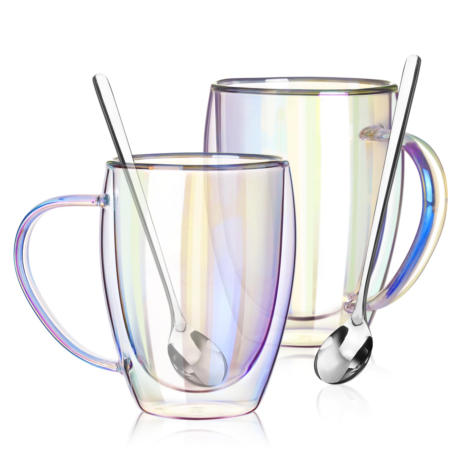 GOROGILE Double Walled Glass Coffee Mugs 12 OZ, Set of 2 Iridescent Glass Cups With Handle Perfect for Espresso, Cappuccino, Latte, Americano, Tea Bag, Beverage