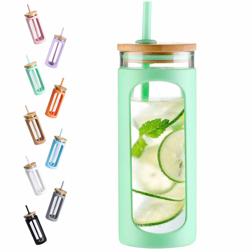 Kodrine 20oz Glass Water Tumbler with Straw and Lid, Bamboo Lids Water Bottle, Iced Coffee Cup Reusable, Wide Mouth Smoothie Cups with Protective Silicone Sleeve BPA FREE-Light Green