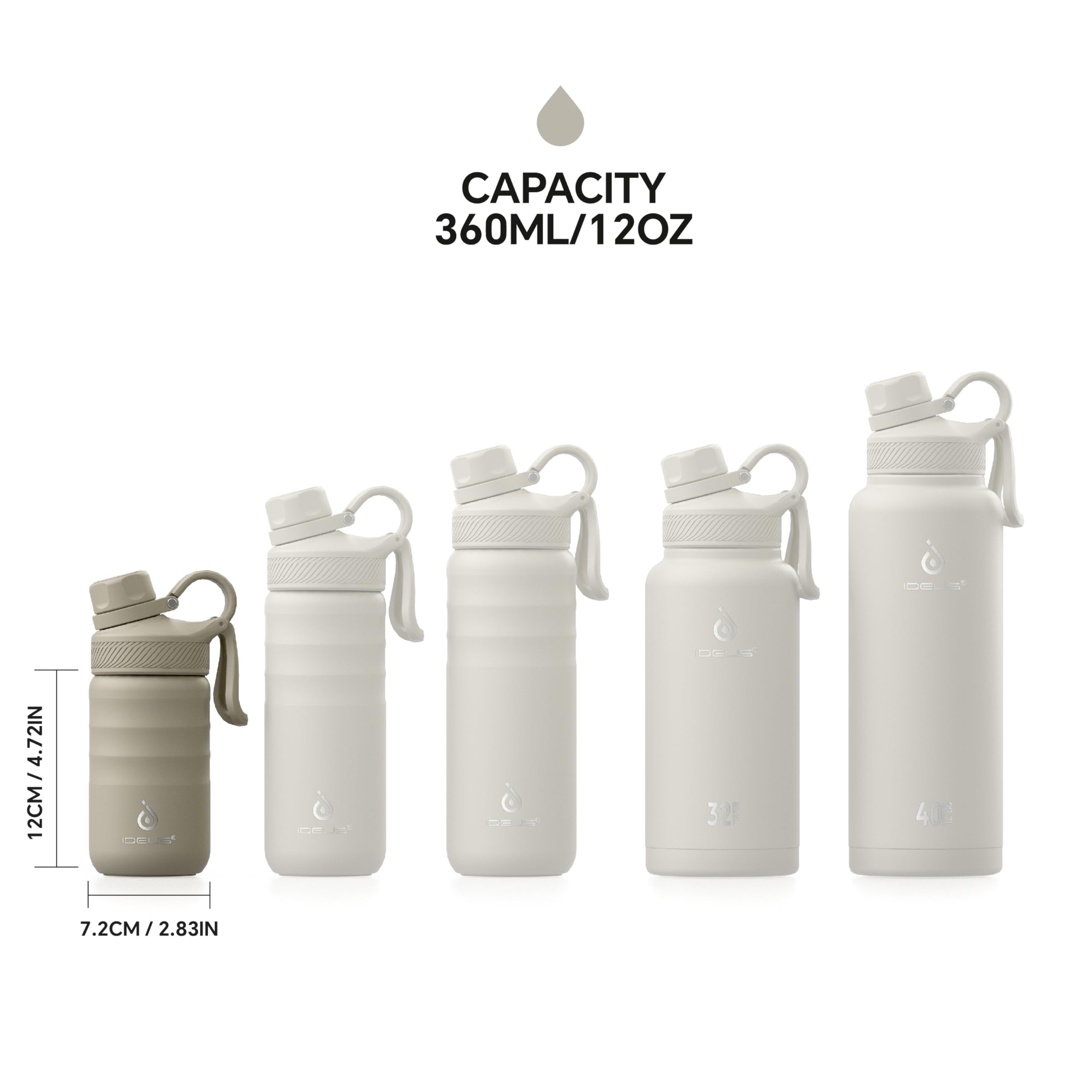 IDEUS Insulated Water Bottle 12oz, Stainless Steel Insulated Water Bottle For School, Insulated Bottles With Straws Leakproof, Vacuum Double Wall Water Bottles For Boys And Girls With 2 Lids, BPA Free