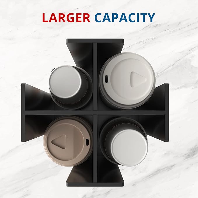 Cup and Lid Holder, 4 Compartment, Square | Rotating Coffee Cup Dispenser Lid Carousel for Restaurant, Buffet, Coffee Station, Bar, Countertop, Black Acrylic