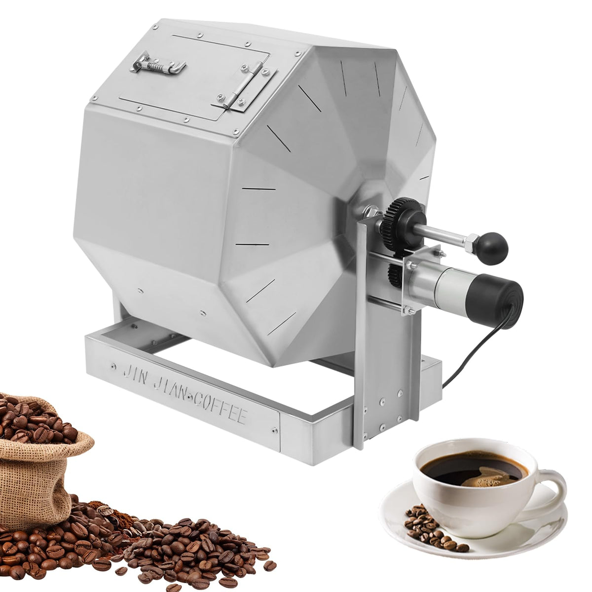 14.5L Coffee Roaster, Stainless Steel Electric Coffee Bean Roaster with Speed Controller 5-45 RPM, 14W Motor, Auto-matic Drum Type Nuts Coffee Bean Baking Machine, Home and Commercial Use Silver