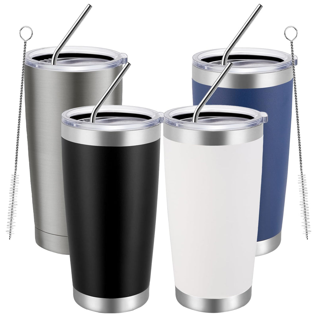 MEWAY 20oz Tumbler 4 Pack Double Wall Vacuum Insulated Travel Mug Bulk, Mix Color Stainless Steel Tumblers with Lid and Straw, Durable Powder Coated Coffee Cups for Cold & Hot Drinks（Mix Color, 4