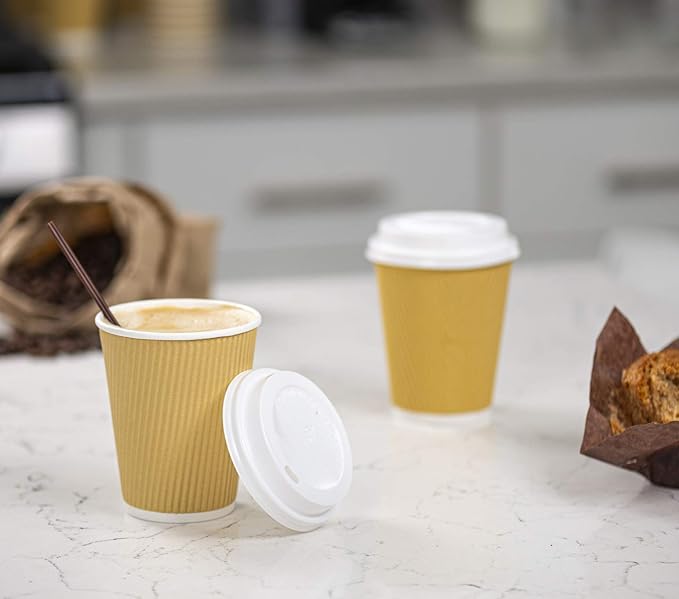GUSTO [12 oz. - 500 Count Insulated Kraft Ripple Paper Hot Cups, Disposable Coffee Cups With Lids - Ideal for Hot Beverages, Travel, and Office Use (Formerly Comfy Package)