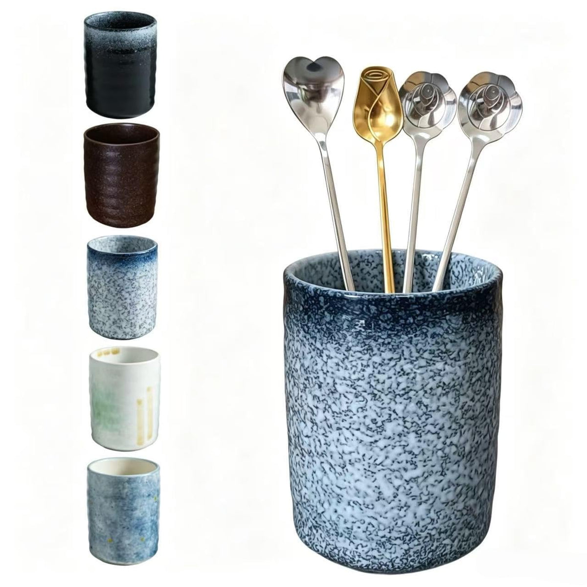 TOPYOKK Stoneware Coffee Bar Utensil Holder Tea & Coffee Spoon & Stirrer Holder for Stir Stick Straw Teaspoon Holder Espresso Spoon Cup Small Utensil Jar (Snow night)