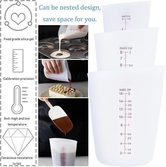3 PCS Silicone Flexible Measuring Cups,Melting Cups for Epoxy Resin,Butter,Chocolate and More,2 Cup&1 Cup&1/2 Cup,Squeeze and Pour Silicone Measuring Cup with Marking Ounce/ML