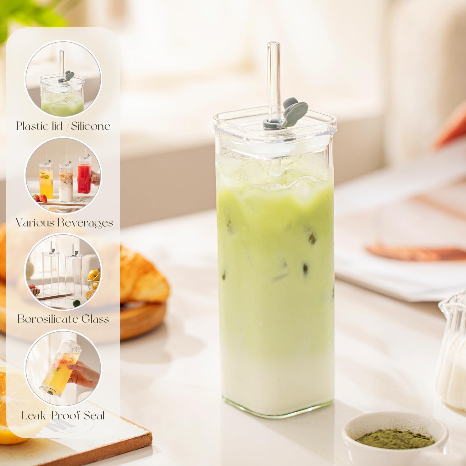 KEMORELA 12 Sets Square Drinking Glass Cups with Lids & Straws, 17 Oz Clear Highball Glasses for Cocktail, Iced Coffee, Juice, Beer - Modern Glass Tumblers