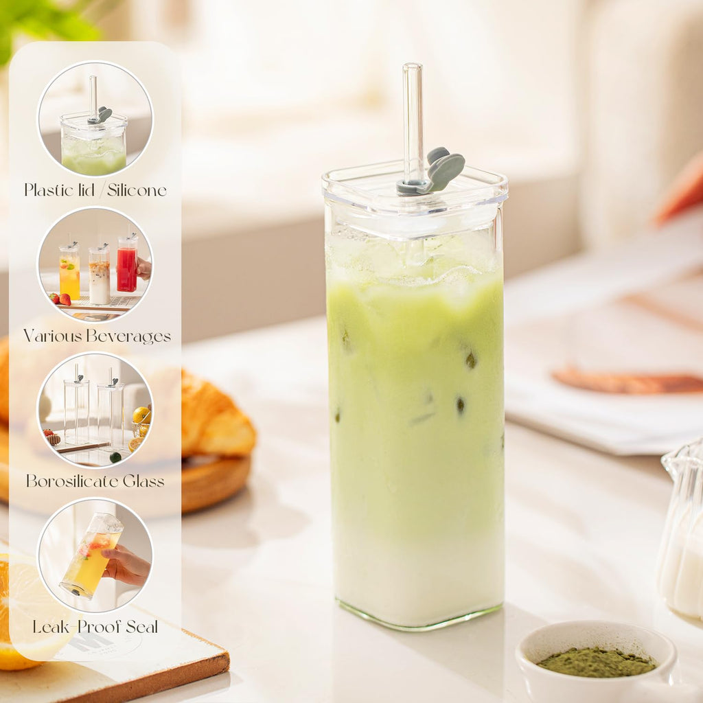 KEMORELA 12 Sets Square Drinking Glass Cups with Lids & Straws, 17 Oz Clear Highball Glasses for Cocktail, Iced Coffee, Juice, Beer - Modern Glass Tumblers