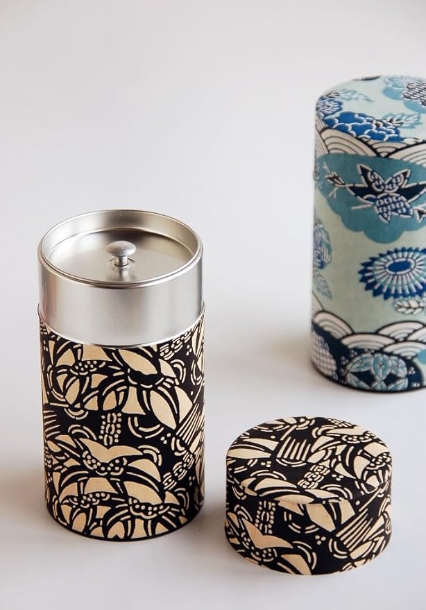 Japanese Pokkan Coffee Spice Tea Tin Canister Washi Paper Storage with Lid 7.05 oz Capacity (Kenran Nami)