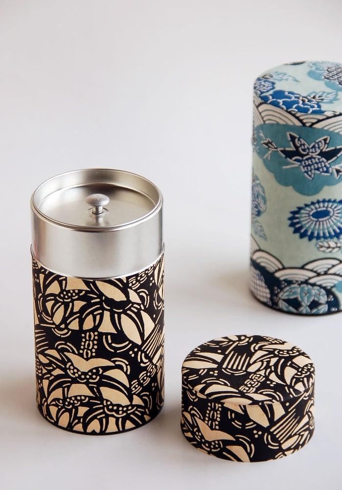 Waraku Fuuka Japanese Pokkan Matcha Coffee Spice Tea Tin Canister Washi Paper Storage with Lid 7.05 oz Capacity (Kenran Ichimatsu)