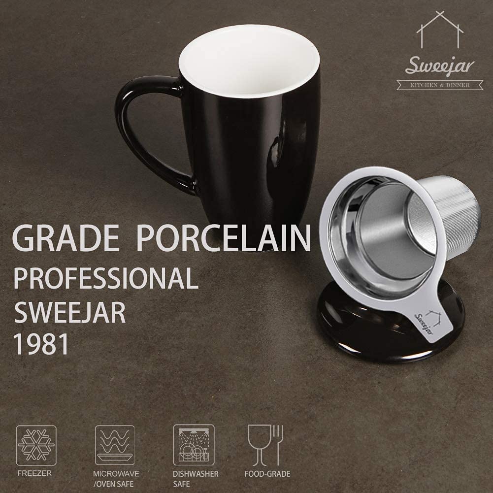 Sweejar Porcelain Tea Infuser Mug with Lid, 16 oz Teacup with Strainers for Loose Leaf Tea, Microwave and Dishwasher Safe Coffee Mug(Black)