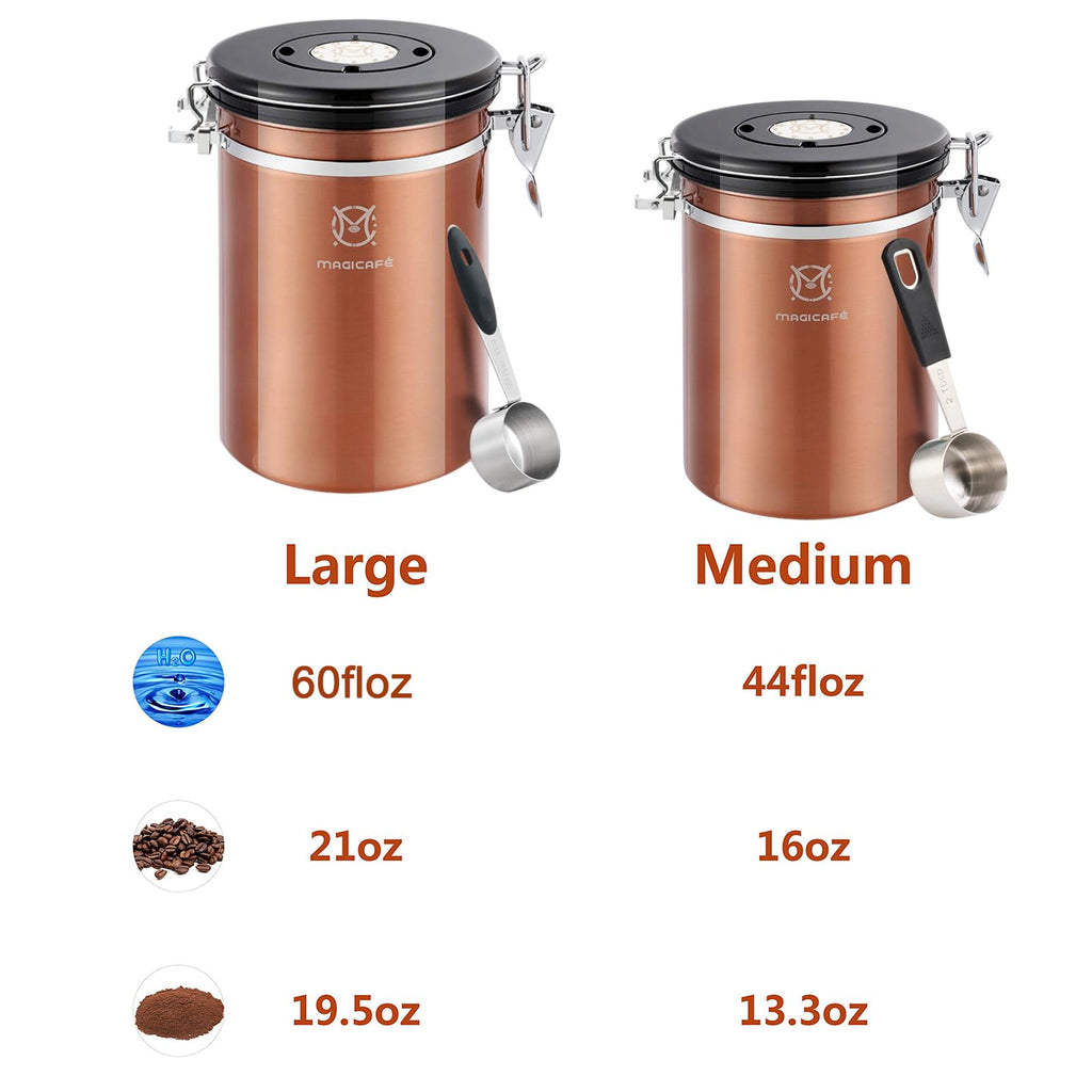 MAGICAFÉ Airtight Coffee Bean Container - Co2 Valve Coffee Bean Canister with Scoop for Ground Coffee Large Copper 21oz