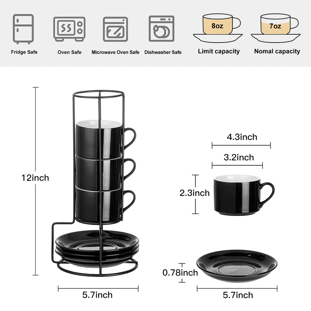 Meichu Cappuccino Cups Set of 4, 8oz Stackable Coffee Cups Set with Saucers and Metal Stand, Black Coffee Mugs and Saucers for Cappuccino, Latte, Americano and Tea