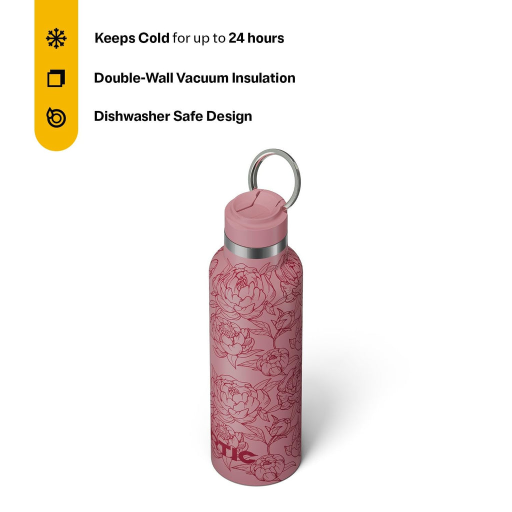 RTIC 20oz Journey Water Bottle Ceramic Lined Metal Stainless Steel Vacuum Insulated, BPA Free, Reusable, for Water, Hot and Cold Drinks, Travel, Sports, Camping, Pink Peonies
