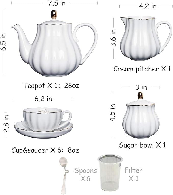 Porcelain Tea Sets British Royal Series, 8 OZ Cups& Saucer Service for 6, with Teapot Sugar Bowl Cream Pitcher Teaspoons and Tea Strainer, Suitable for High Tea, Wedding, Party (Jade)