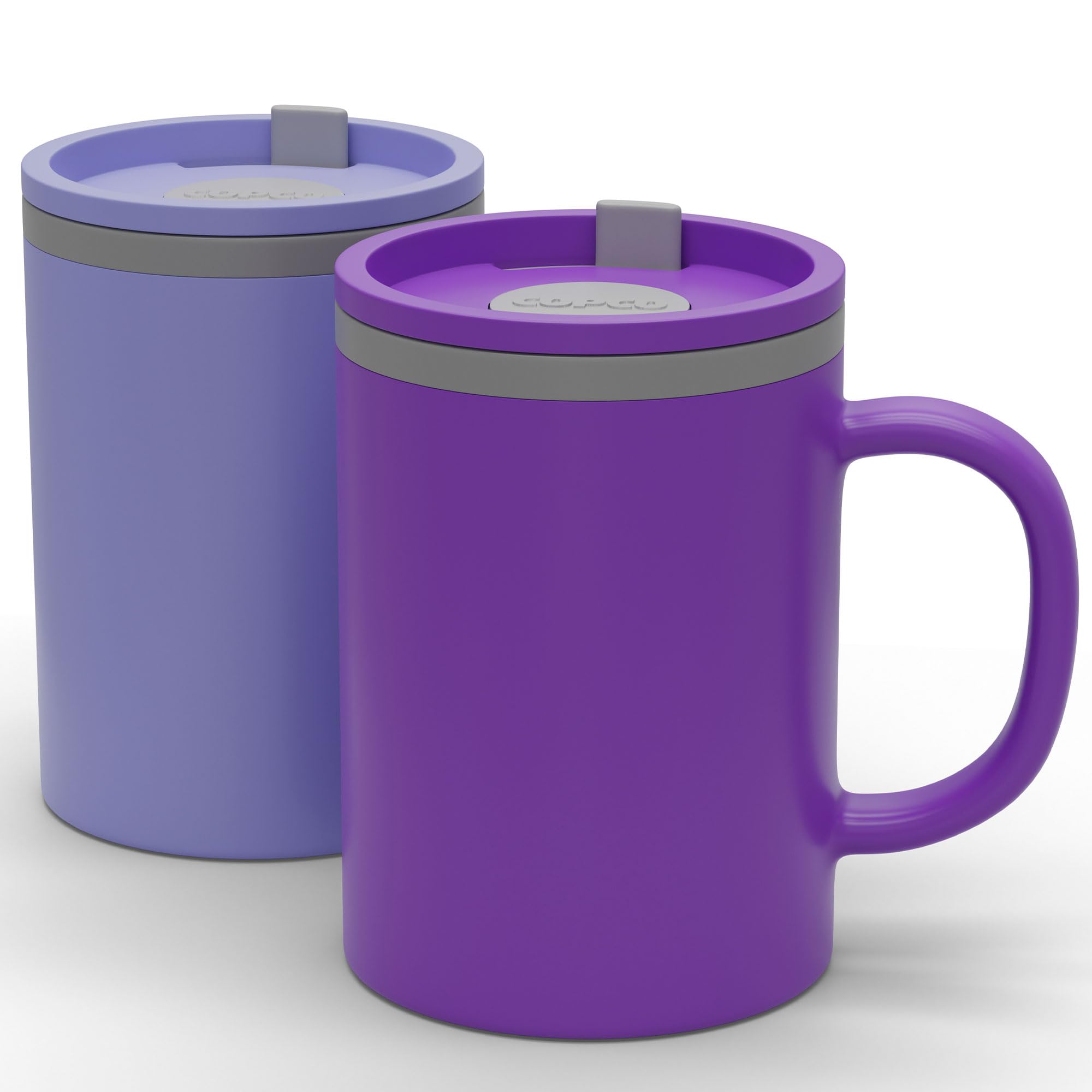 Copco Iconic 16oz Double Wall Insulated Desk Mug with Lid & Handle, Set of 2, BPA-Free Reusable Plastic, Spill-Resistant, Microwave & Dishwasher Safe, Wide Mouth (Purple/Light Purple)