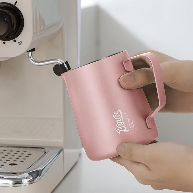 Pink Milk frother - 350ml/12OZ Milk Frothing Pitcher, Milk Frother Cup Espresso Steaming Pitcher for Barista, Bincoo 304 Stainless Steel Espresso Steaming Pitchers for Latte Art/Cappuccino/Coffee/Milk