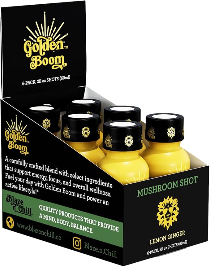 Blaze n Chill Golden Boom Mushroom Shot – Focus & Endurance Drink with Lion's Mane, Cordyceps, B-12 & Ginseng – Natural Mushrooms - Lemon Ginger (2fl oz, 6 Pack)