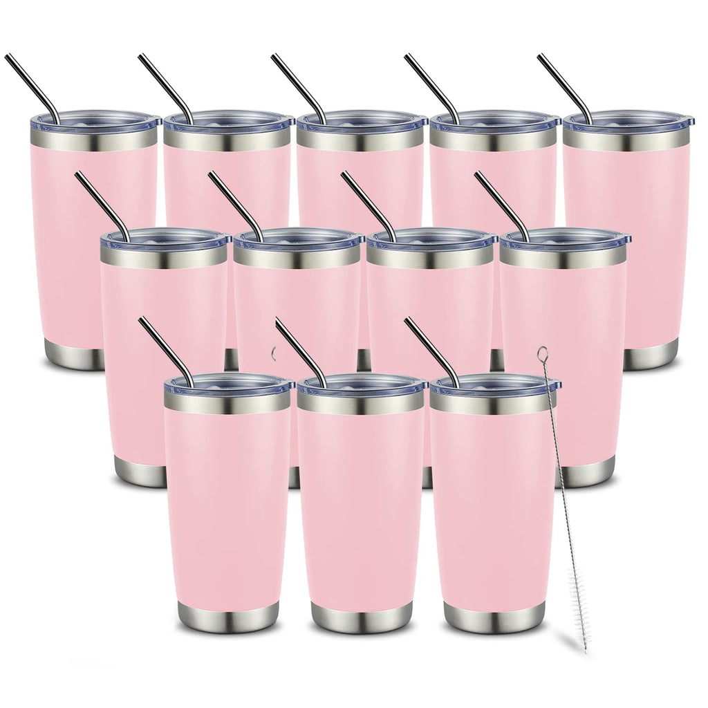 COMOOO 20oz Double Wall Vacuum Insulated Travel Mug Stainless Steel Tumbler with Lid and Straw Durable Powder Coated Insulated Coffee Cup for Cold & Hot Drinks (Pink, 12 pack