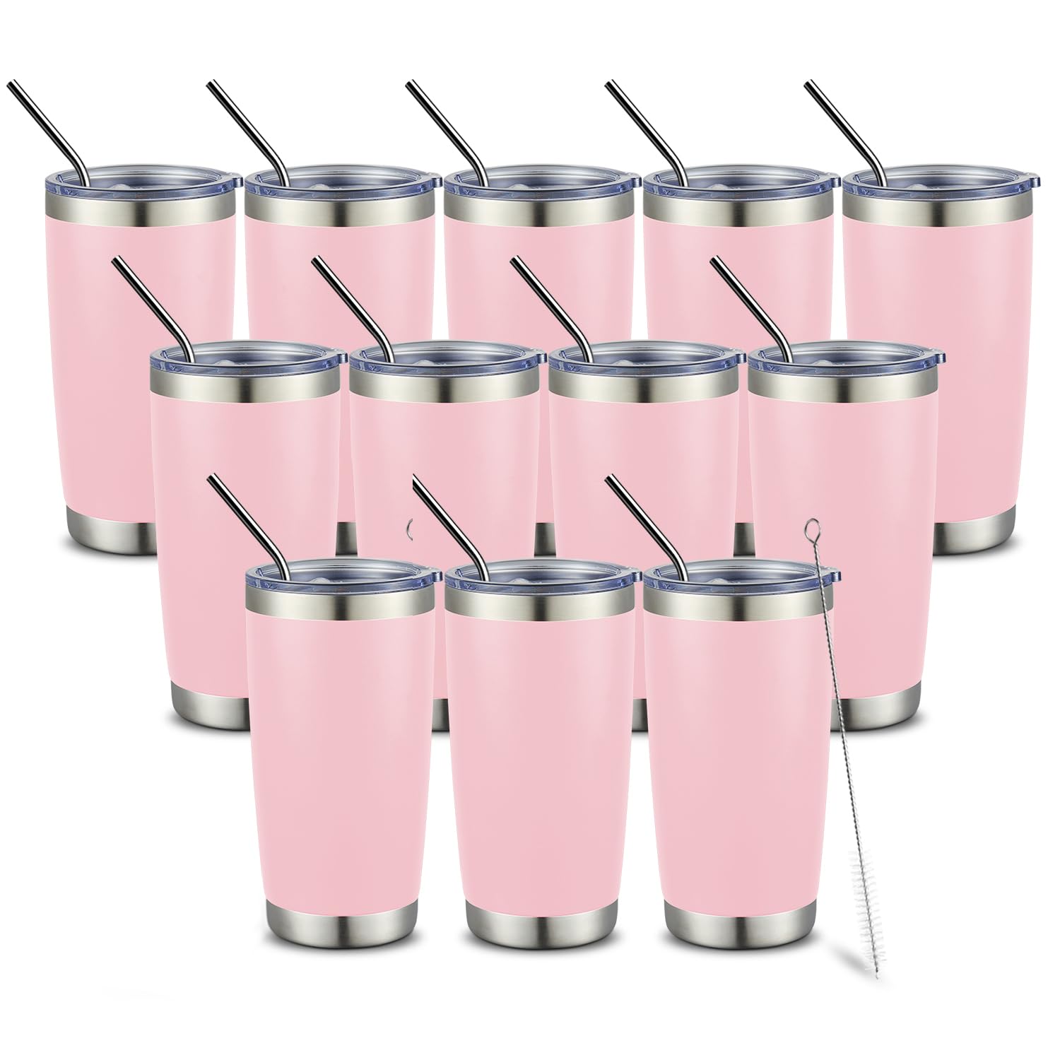 COMOOO 20oz Double Wall Vacuum Insulated Travel Mug Stainless Steel Tumbler with Lid and Straw Durable Powder Coated Insulated Coffee Cup for Cold & Hot Drinks (Pink, 12 pack