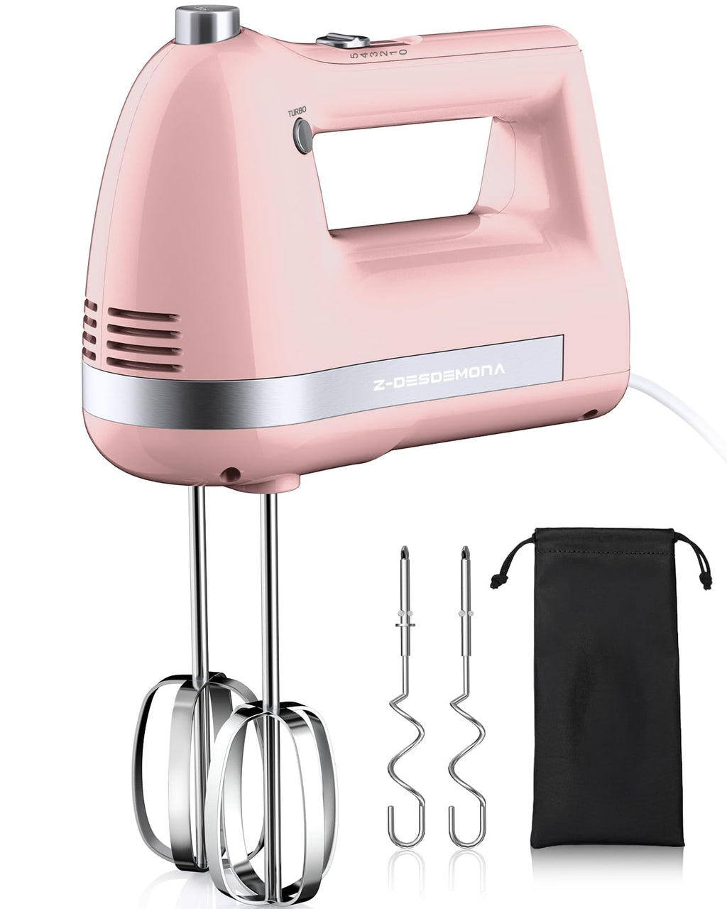 Z-DESDEMONA Electric Hand Mixer, Powerful Hand Mixer Electric Handheld with 304 Beaters, Dough Hook, Whisk, Hand Held Mixer with Turbo for Baking Cakes, Eggs, Cream Food(Pink)