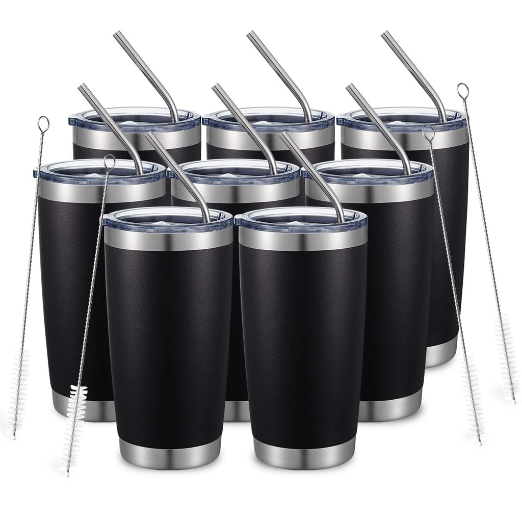 COMOOO 20oz/8Pack Black Tumbler Double Wall Vacuum Insulated Coffee Travel Mug Stainless Steel Tumbler with Lid and Straw Coffee Cup for Cold Drinks & Hot Beverage, Home and Outdoor (Black, 8 Pack)