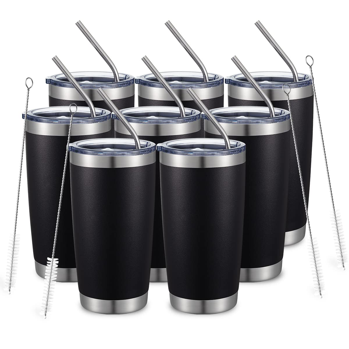 COMOOO 20oz/8Pack Black Tumbler Double Wall Vacuum Insulated Coffee Travel Mug Stainless Steel Tumbler with Lid and Straw Coffee Cup for Cold Drinks & Hot Beverage, Home and Outdoor (Black, 8 Pack)