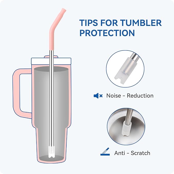 Reusable Metal Straws with Silicone Tip for Stanley 30oz,Stainless Steel Drinking Straws for 30oz Tumbler,3 Straight Tubes & 6 Tips& 1 Cleanr Brush (Chambray)