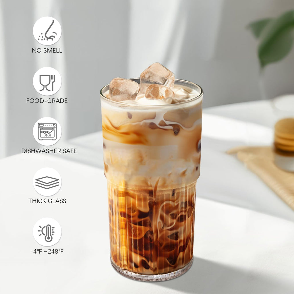Luiaiog 18.5oz Glass Cups with Lids and Straws - Set of 4 Reusable Tumblers, Thickened Shatter-Resistant Glass, Ideal for Iced Coffee, Smoothies, Cocktails, Juices - Elegant & Durable Drinkware
