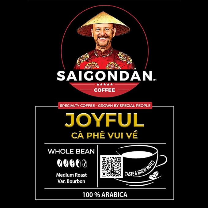Vietnamese Coffee Beans - Saigondan Joyful | Medium Roast | 100% Arabica Bourbon | Single Origin | Roasted in Small Batches | Direct Trade | Notes of Orange Blossoms | No Preservatives | 12 Oz