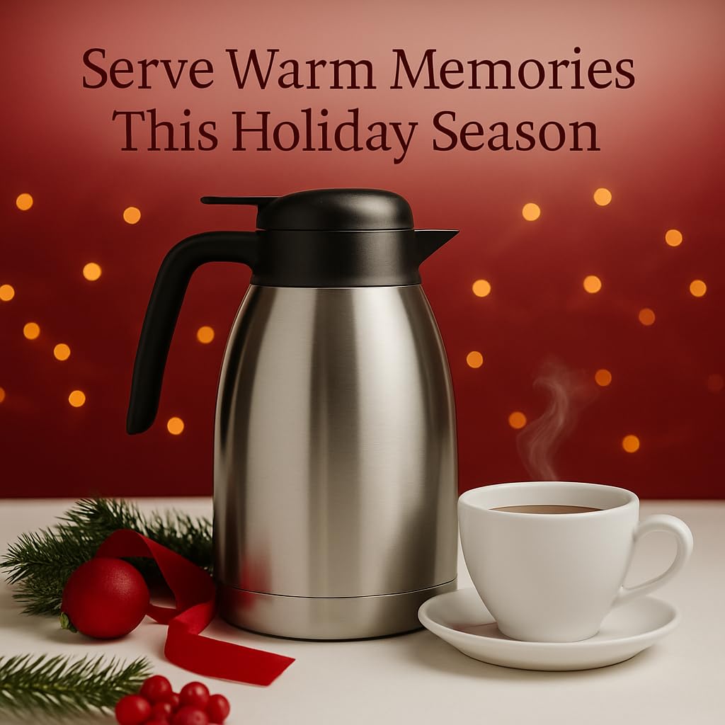 Heritage66 Thermal Coffee Carafe with Cleaning Brush – 68 oz (2 L) Vacuum Insulated Stainless Steel Beverage Dispenser, Keeps Drinks Hot 12 H/Cold 24 H, Ideal for Home, Office & Parties
