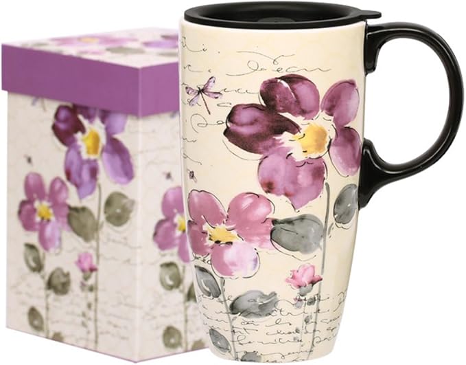 Topadorn Tall Ceramic Travel Mug 17 oz. Coffee Cups Sealed Lid With Color Box (Purple Flower)
