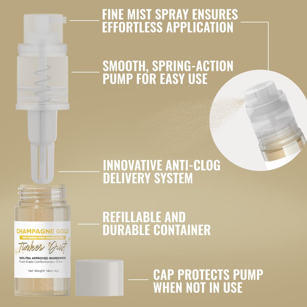 Bakell - Champagne Gold Tinker Dust (4g, 1x Mini Spray Pump) Edible Glitter for Food, Desserts, and Baked goods!