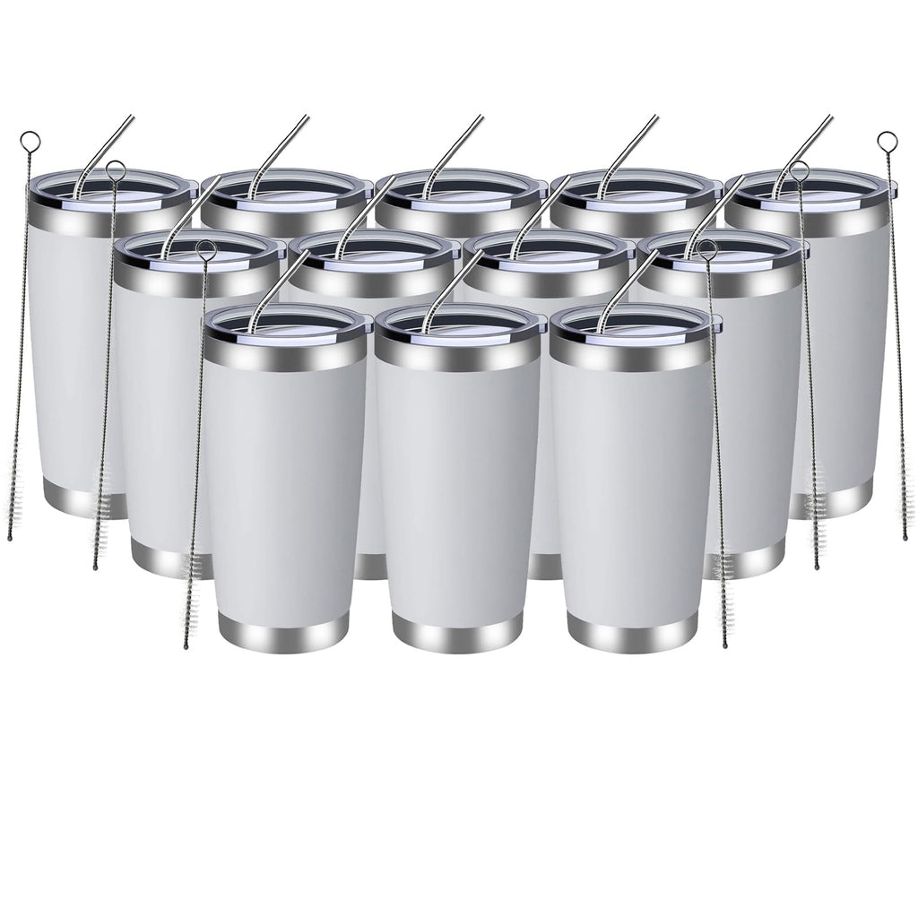 MEWAY 20oz Tumbler 12 Pack Double Wall Vacuum Insulated Travel Mug Bulk, Stainless Steel Tumblers with Lid and Straw, Durable Powder Coated Coffee Cups for Cold & Hot Drinks (White, 12)