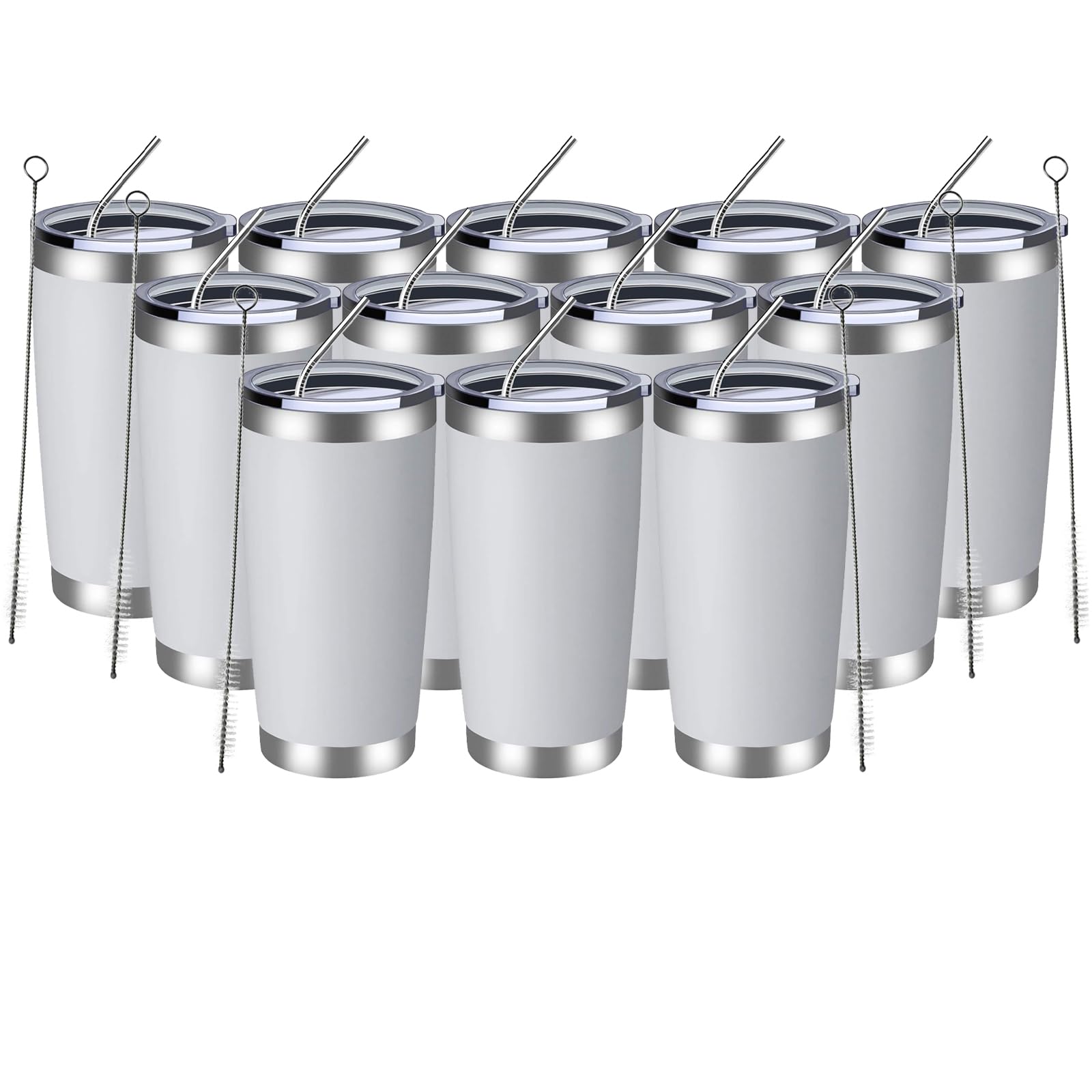 MEWAY 20oz Tumbler 12 Pack Double Wall Vacuum Insulated Travel Mug Bulk, Stainless Steel Tumblers with Lid and Straw, Durable Powder Coated Coffee Cups for Cold & Hot Drinks (White, 12)