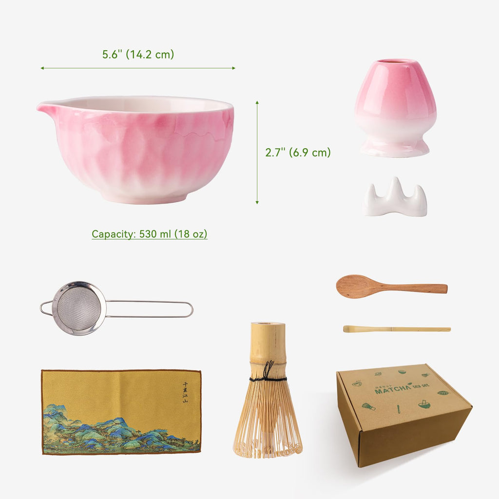 Sakura Matcha Bowl Set with Whisk - Mother’s Day 530ML Pink Ombre Ceramic Chawan | Japanese Matcha Starter Kit for Tea Ceremony, Valentine Gift for Her & Matcha Lovers | 7-Piece Set