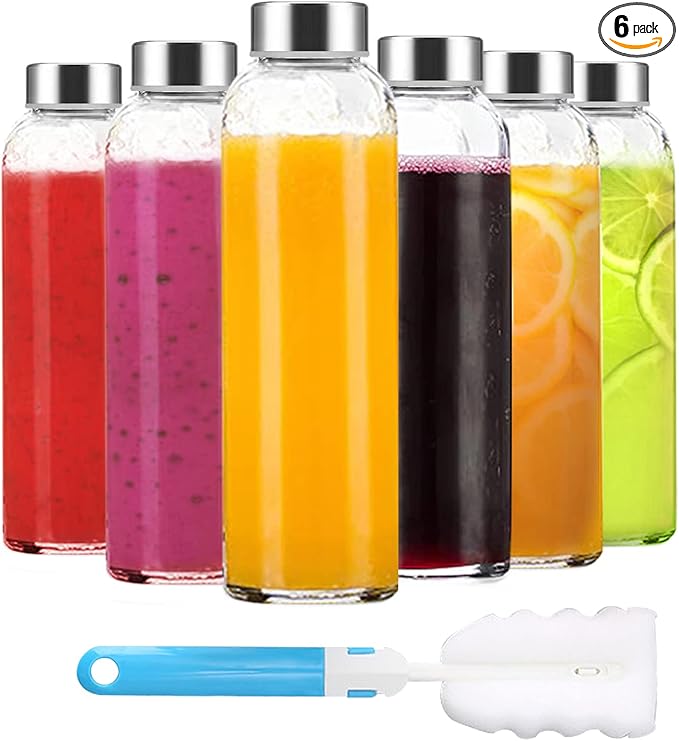 Clear Glass Bottles with Lids 18 oz, Reusable Glass Water Bottles with Stainless Steel Cap for Juicing, Refrigerator,100% Leak Proof, BPA Free, Juice Water Bottle Set of 6